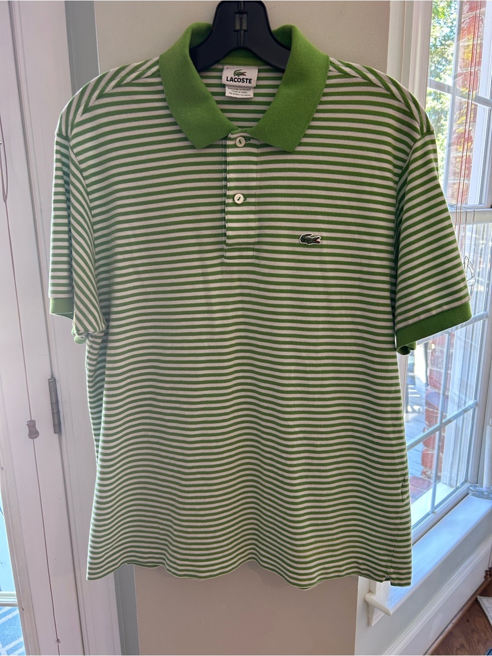 Lacoste Green and White Striped Polo Shirt